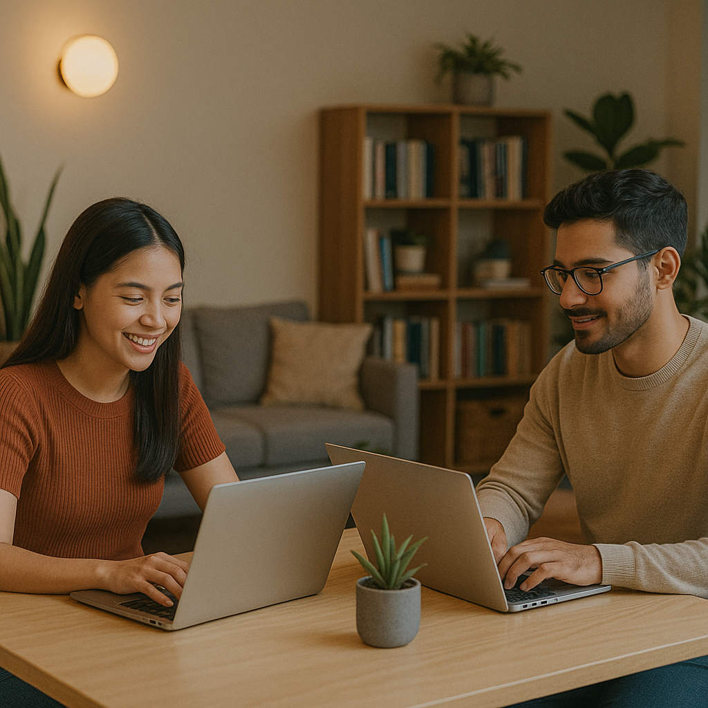 Dos personas trabajando en portátiles en un cómodo espacio de coworking en Samborondón