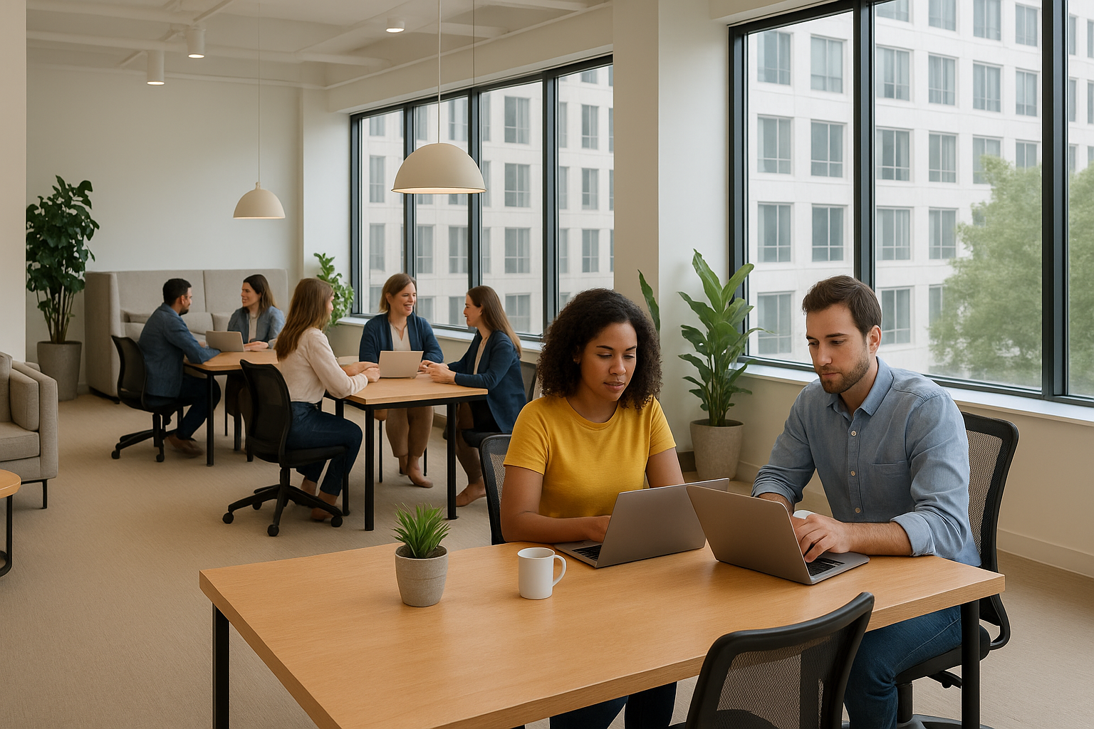Interior de oficina moderno en Guayaquil con gente colaborando
